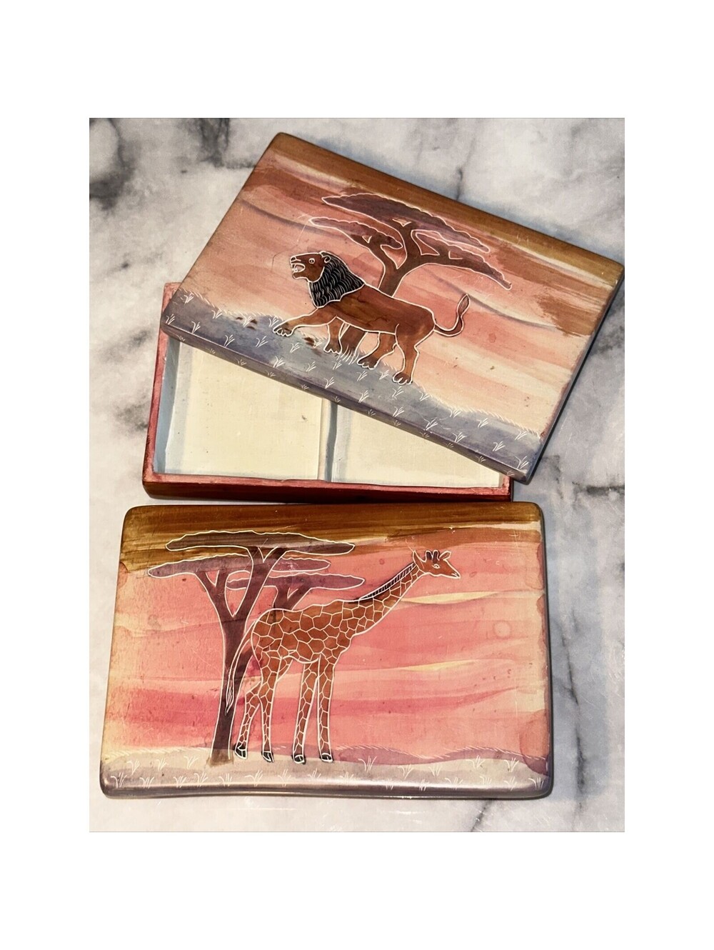 2 Handmade in Kenya Lion Giraffe Jewelry Box Tray set lot Hand Carved stone clay